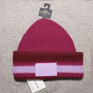 COACH Beanie Hat NWT "deep plum" pink red purple varsity signature C design
